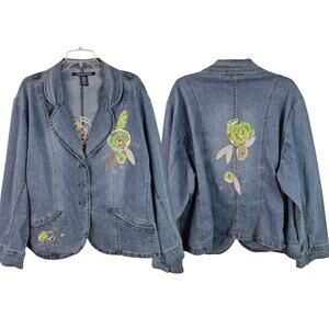 D'Mode Classix Blue Denim Embellished Floral Vintage Jacket Coat Blazer 3 X